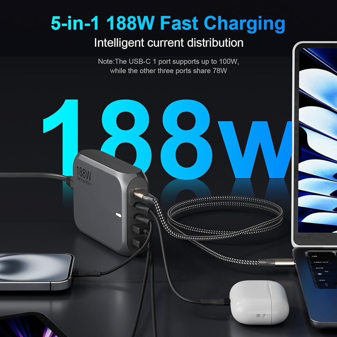 188W USB-C 5Ports GaN PD3.1 Fast Charger