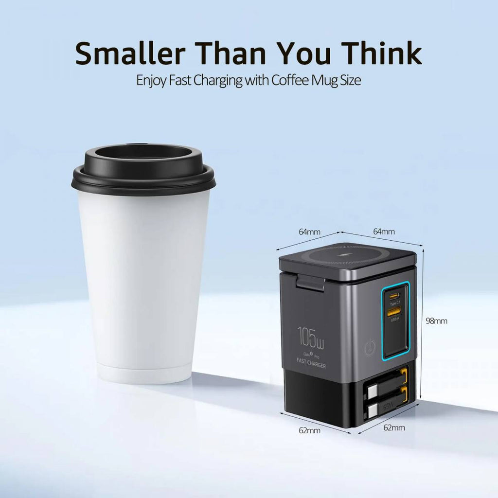 105W GaN Retractable 6-in-1 Charger with Magnetic Pad
