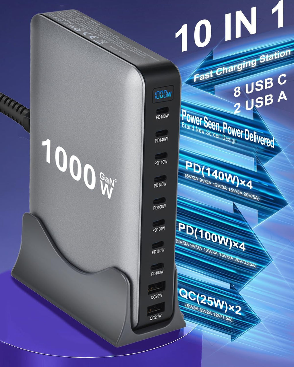1000W 10Ports GaN PD3.1 Fast Charger USB-C Desktop Station