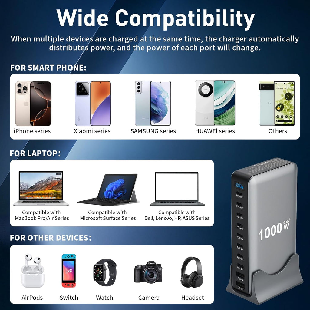 1000W 10Ports GaN PD3.1 Fast Charger USB-C Desktop Station