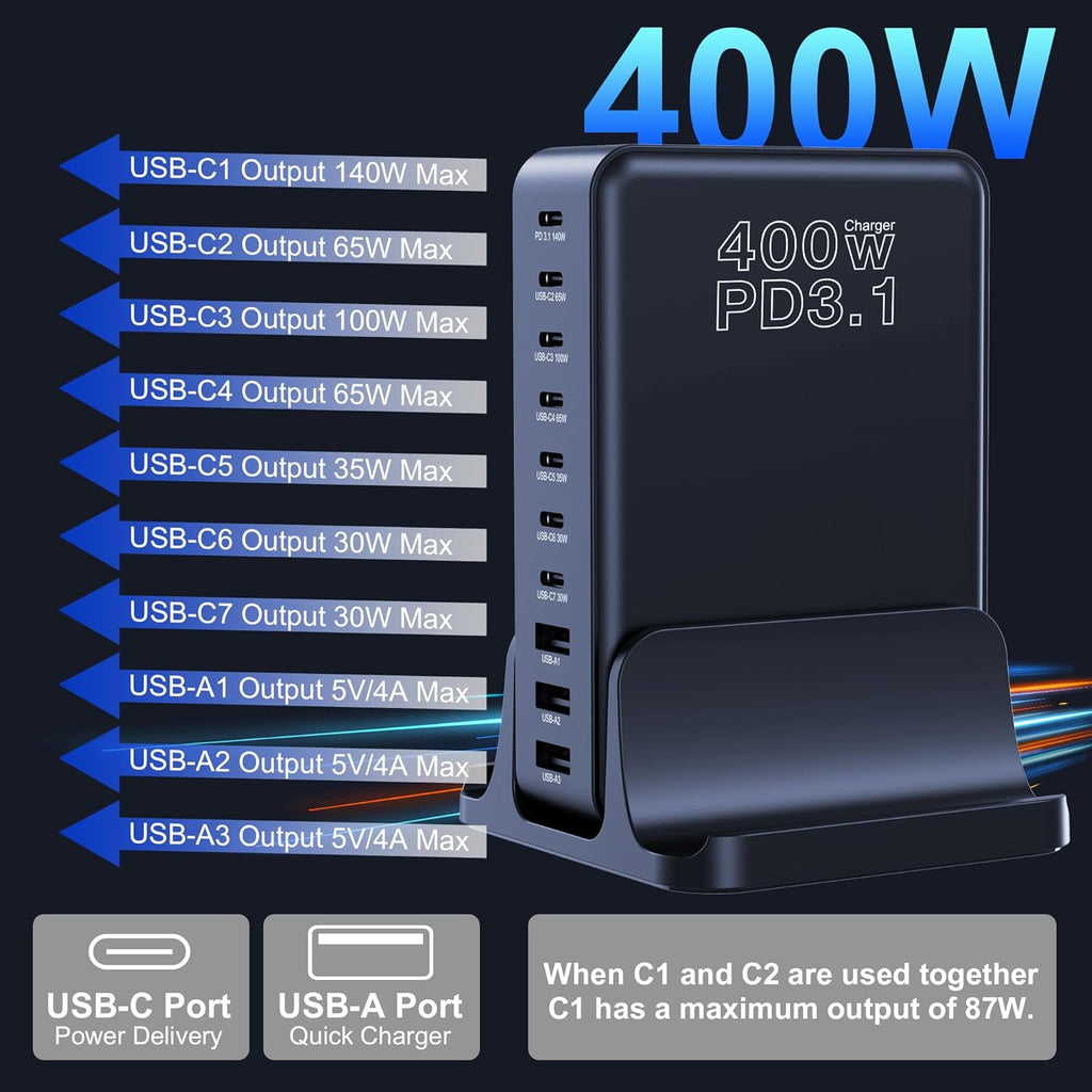 400W GaN 10-Ports Compact Super Fast Charging Station