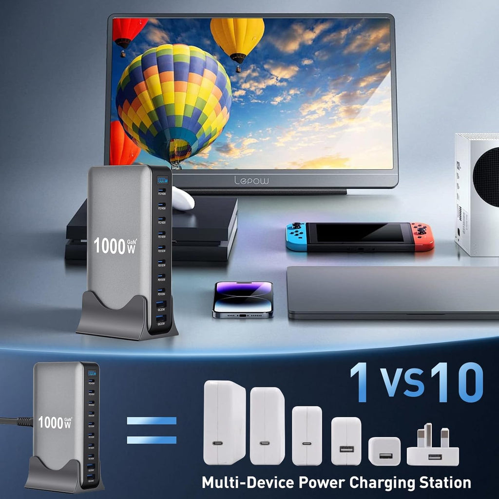 1000W 10Ports GaN PD3.1 Fast Charger USB-C Desktop Station