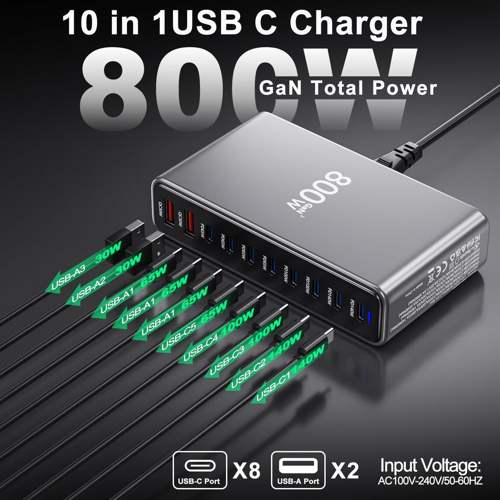 GaN 800W 10-in-1 USB-C PD Charging Station