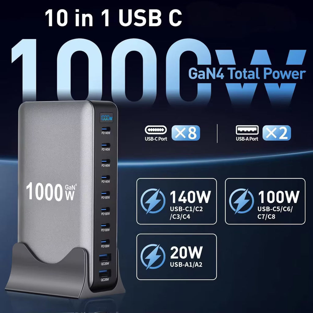 1000W GaN PD3.1 Charger USB-C Fast Desktop 10-ports