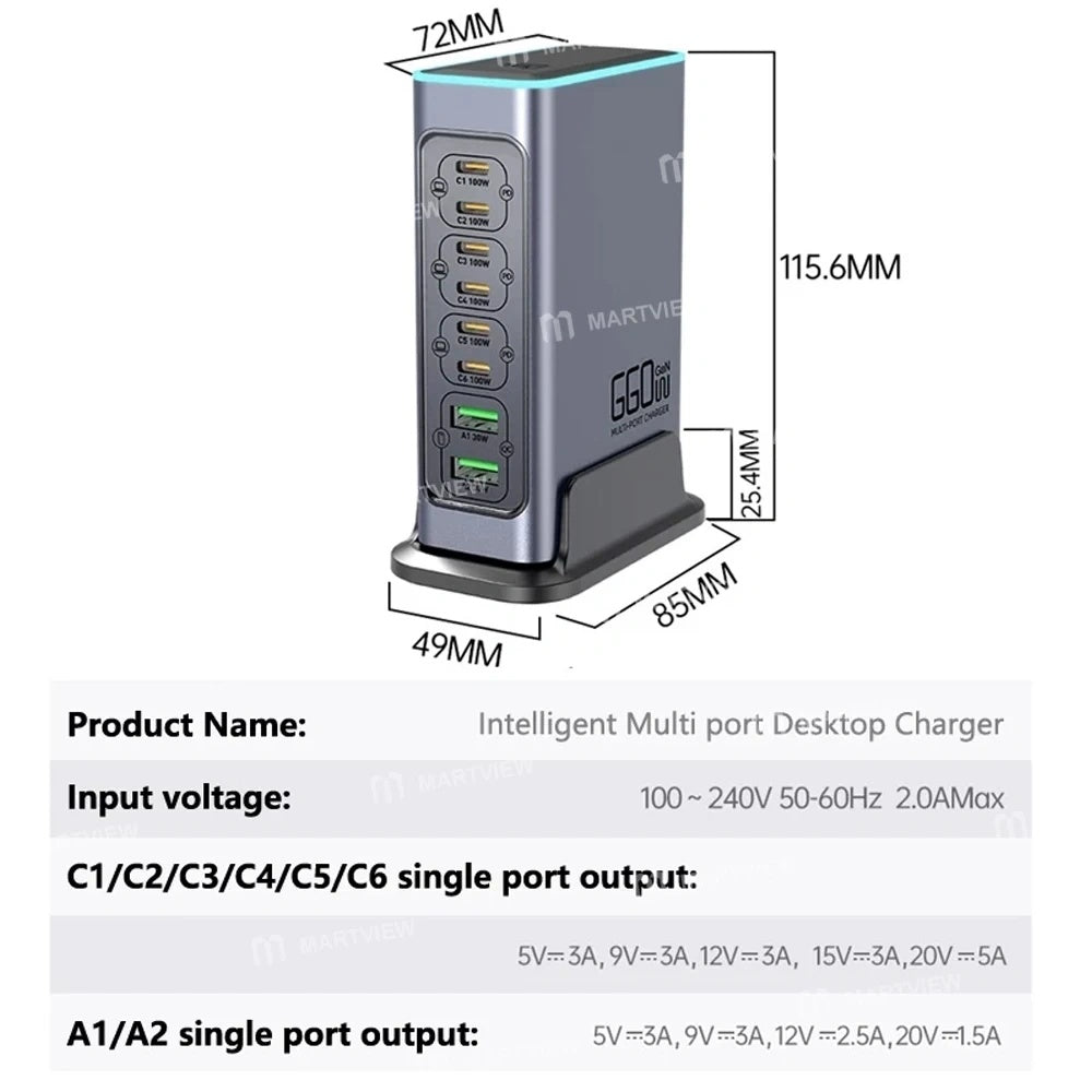 660W 8Ports High Power PD+QC3.0 GaN Desktop Charging Station